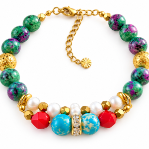 dqarabia-handmade-jewelry-bird-of-paradise1 Ръчно изработена гривна от Цоизит с рубин, императорски яспис, перли